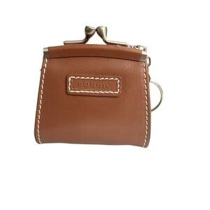FOSSIL BROWN LEATHER KISSLOCK COIN PURSE/KEY RING 3" X 2.75"
